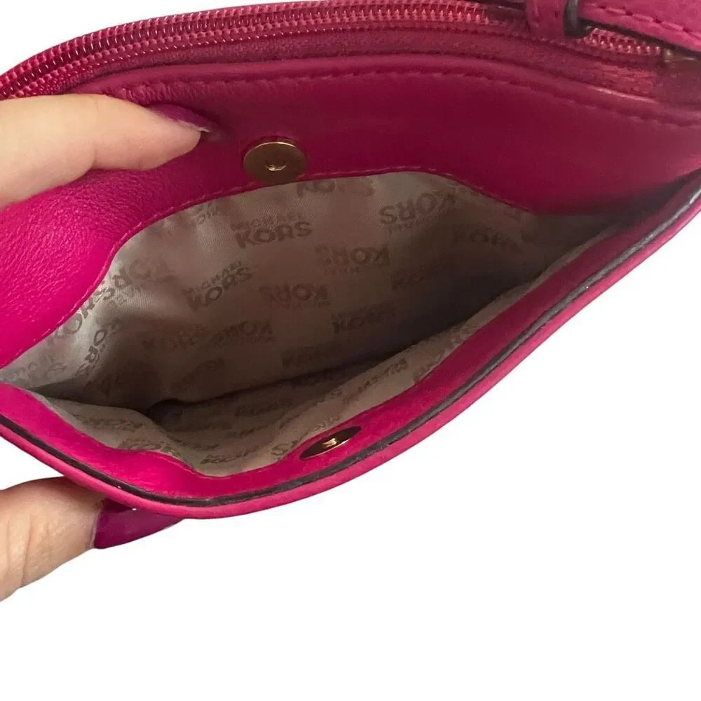 Michael Kors Jet Set Pink Leather Crossbody Bag Gold Logo Small Wallet Purse